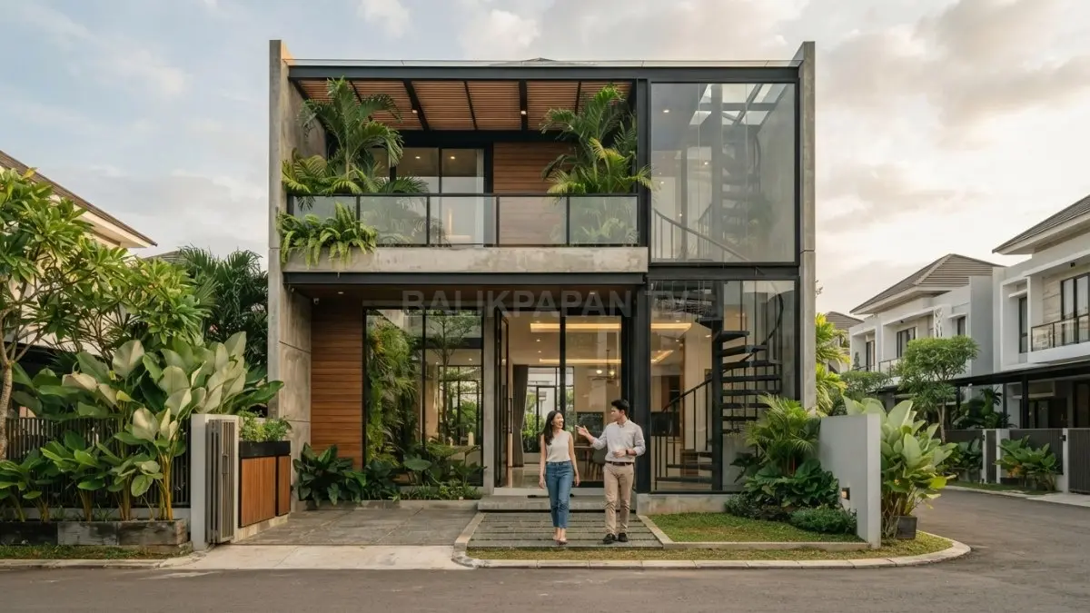 Rumah industrial-tropis dua lantai memadukan beton, kaca, kayu, tanaman, dan tangga spiral untuk lahan terbatas (BTV/AI)