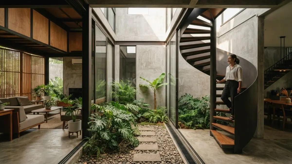 Rumah industrial-tropis memanfaatkan inner court, beton, kayu, kaca, dan tanaman untuk menghadirkan hunian sejuk (BTV/AI)