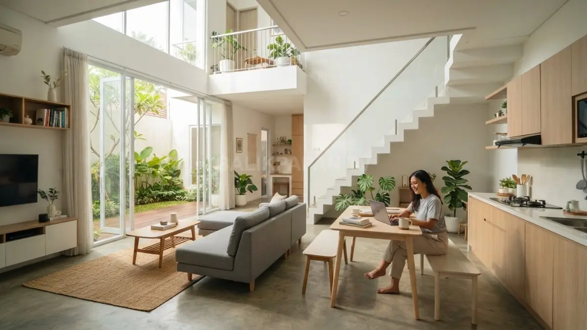 Rumah kompak lahan 6×12 meter terasa lapang berkat bukaan, cahaya alami, taman kecil, dan minim sekat. (BTV/AI)