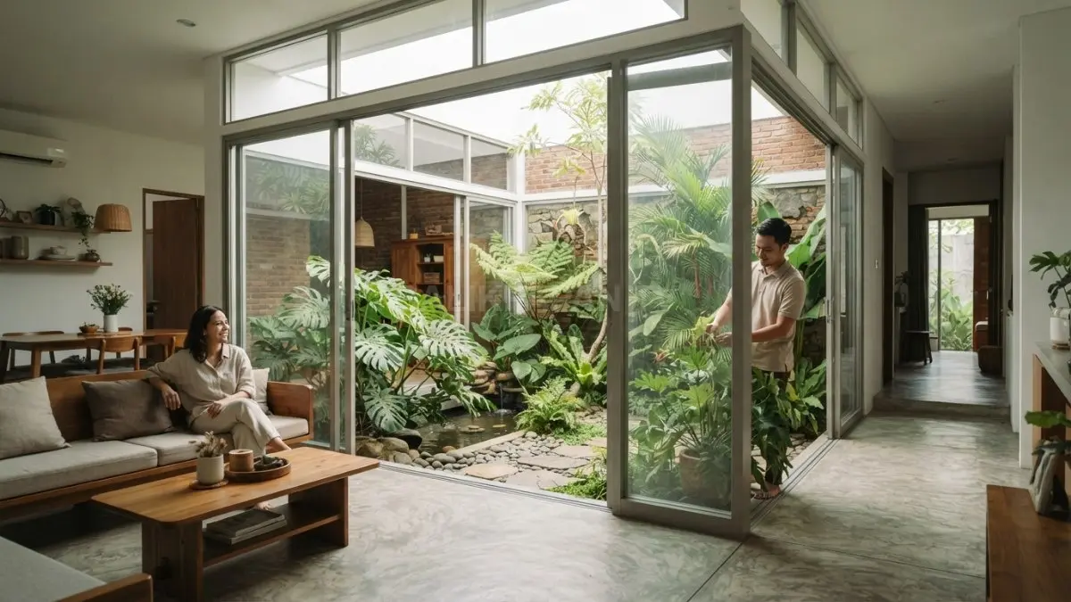 Rumah kotak modern menghadirkan inner garden sebagai pusat visual alami yang menyegarkan ruang keluarga (BTV/AI)