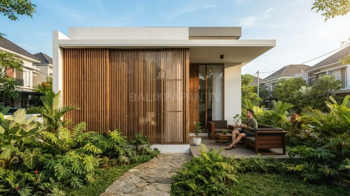 Rumah minimalis tropis memadukan fasad putih, kisi kayu, tanaman hijau, serta bukaan untuk kenyamanan dan privasi (BTV/AI)