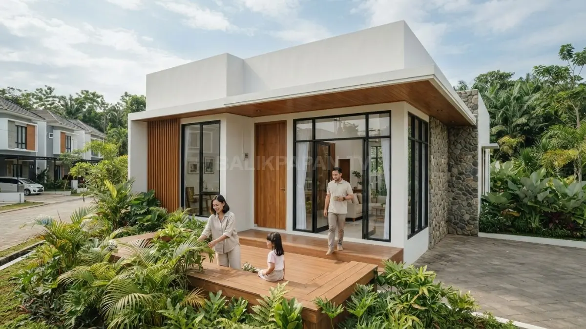 Rumah minimalis tropis modern dengan fasad putih, aksen kayu, batu alam, dan desain geometris elegan. (BTV/AI)