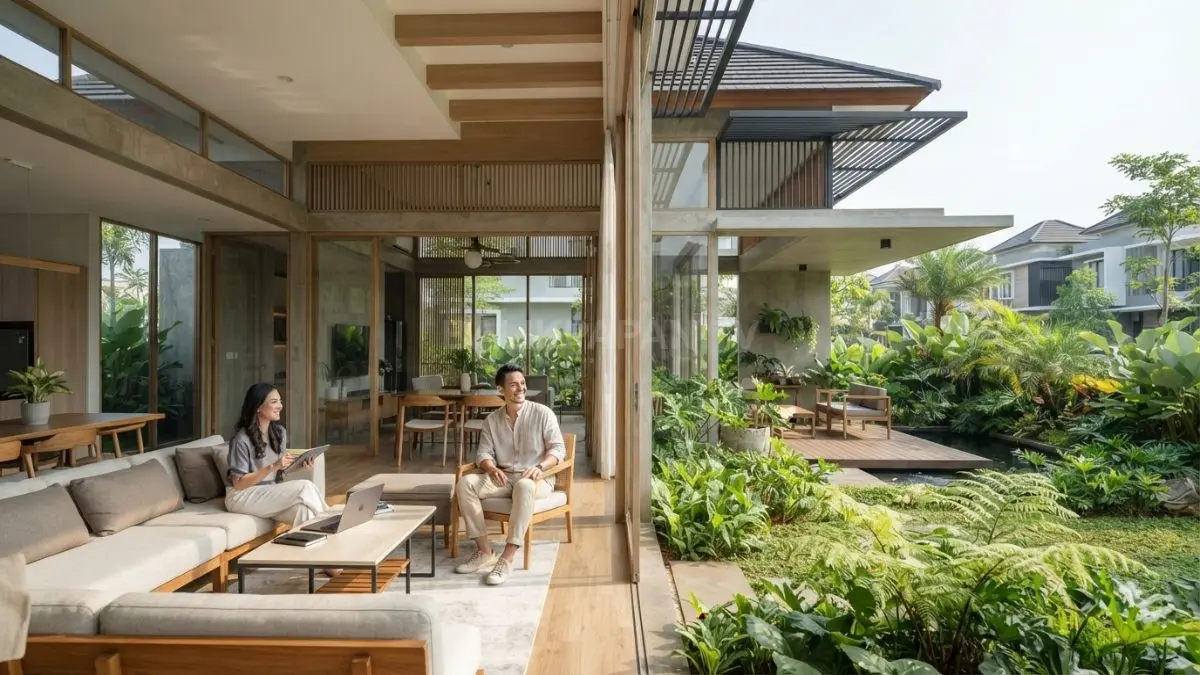Rumah minimalis tropis modern dengan kaca besar menghadap taman, menghadirkan cahaya alami dan sirkulasi udara. (BTV/AI)