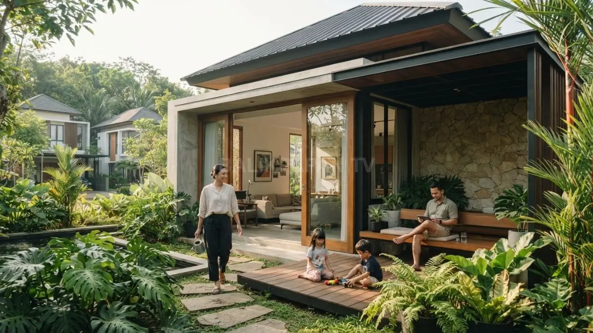 Rumah minimalis tropis modern memadukan kaca lebar, material alami, teras, taman, dan ventilasi silang (BTV/AI)