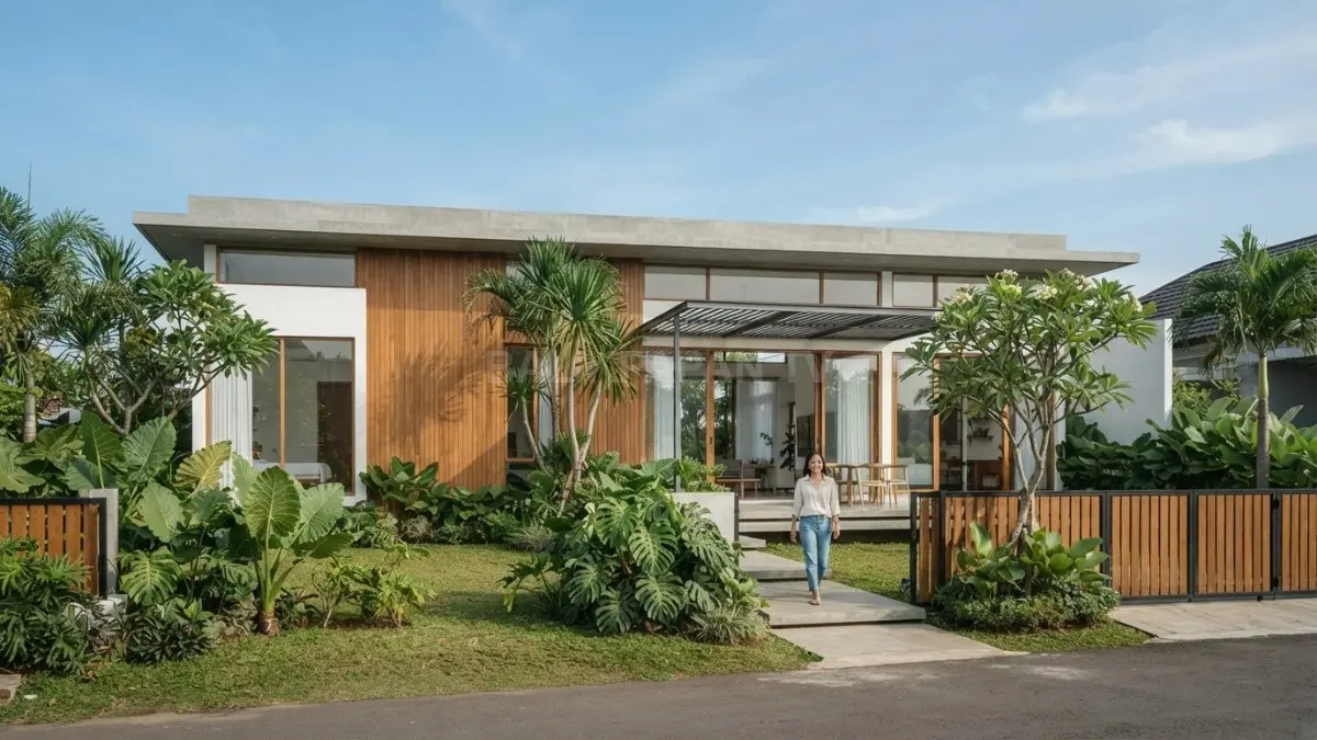 Rumah minimalis tropis modern menampilkan atap datar, taman hijau, dinding putih, dan elemen kayu alami (BTV/AI)