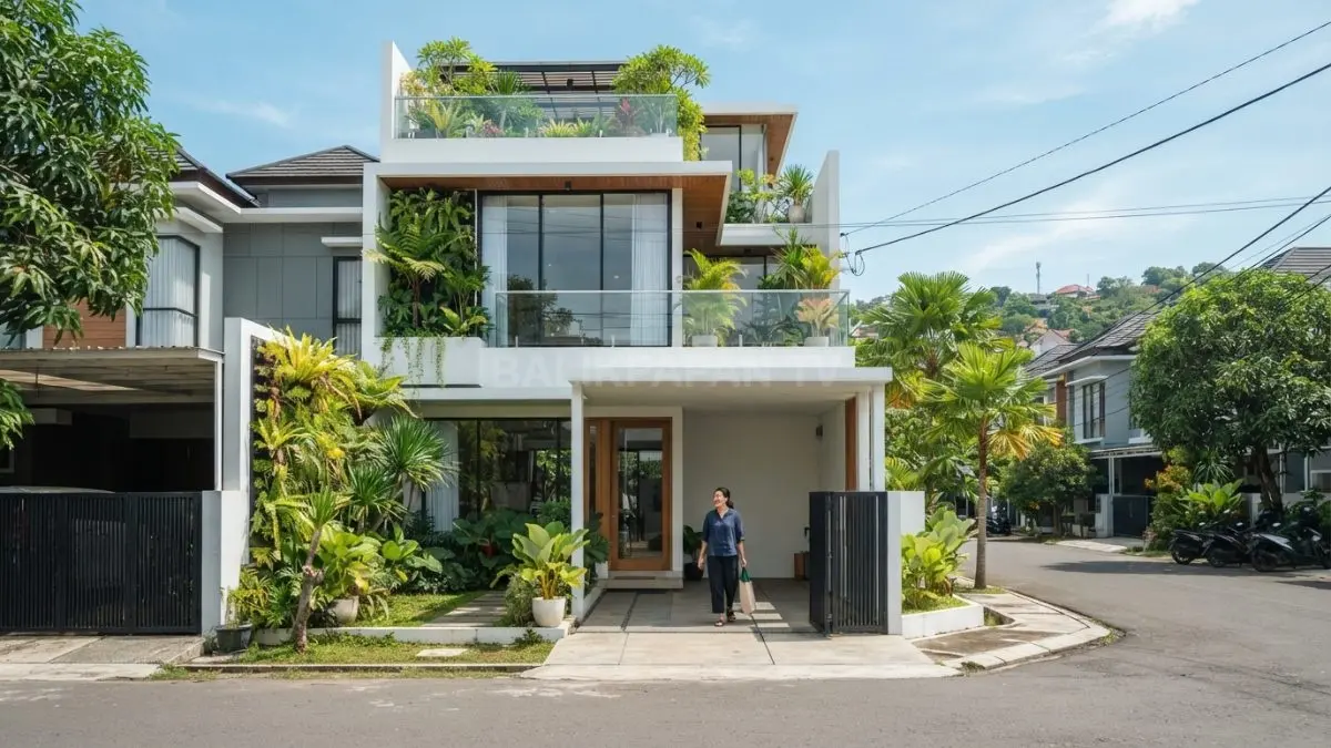 Rumah modular futuristik tropis dua lantai memadukan fasad putih, kaca besar, dan taman bertingkat (BTV/AI)