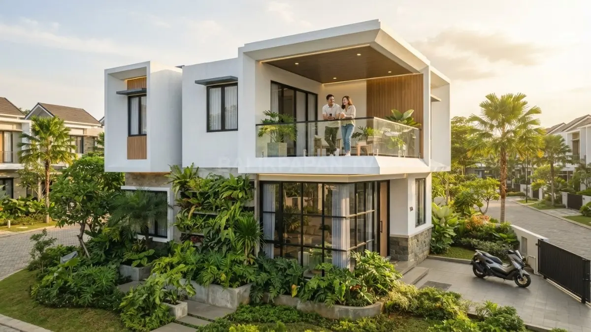 Rumah modular futuristik tropis menampilkan fasad putih geometris, kaca besar, balkon hijau, dan taman bertingkat (BTV/AI)