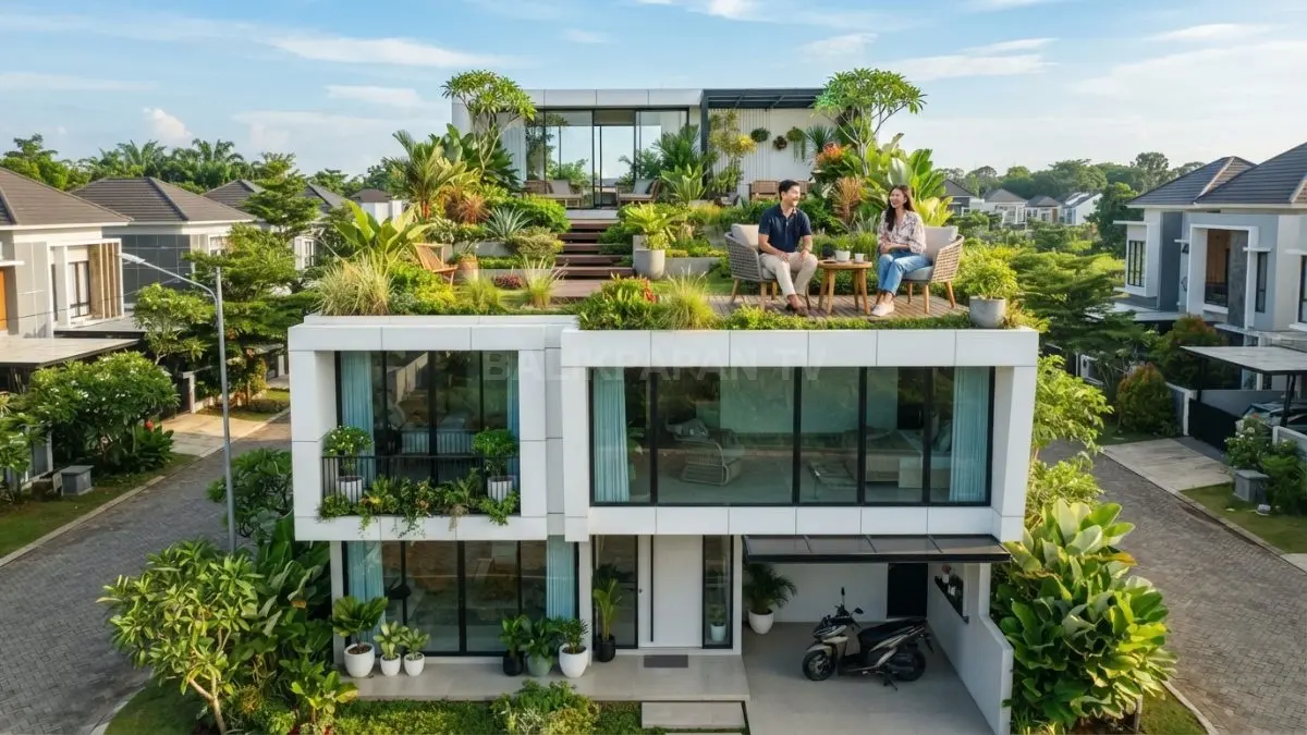 Rumah modular futuristik tropis menghadirkan rooftop garden bertingkat sebagai ruang hijau sekaligus area santai modern. (BTV/AI)