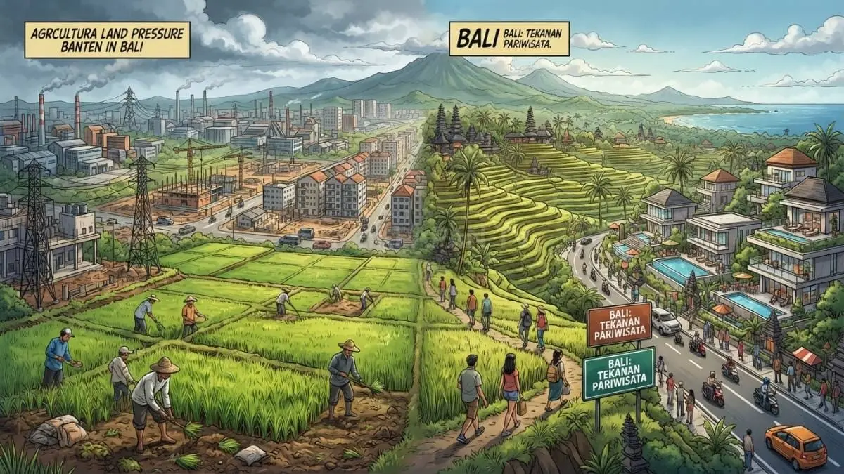 Sawah Banten tertekan industri dan perumahan, sementara Bali menghadapi ekspansi vila, hotel, restoran pariwisata pesat [BTV:AI]