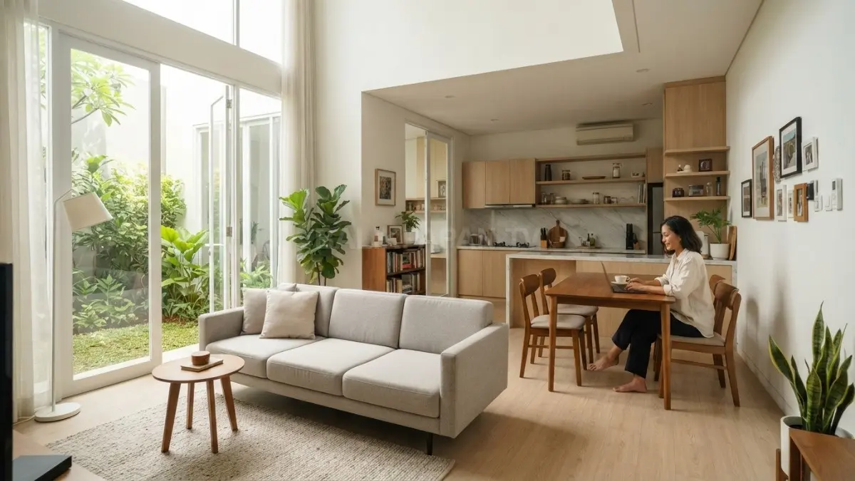 Sofa dan meja proporsional menjaga sirkulasi tetap nyaman, sekaligus memaksimalkan fungsi ruang pada rumah kecil. (BTV/AI)