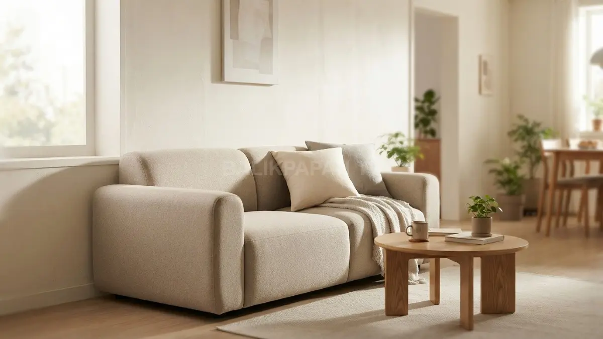 Sofa simpel berwarna netral dan proporsional membantu ruang tamu ala Korea terasa hangat, rapi, nyaman, estetik (BTV/AI)