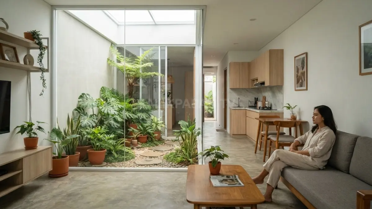 Taman kecil 1,5×2 meter menghadirkan cahaya alami, udara segar, dan kesan ruang lebih luas pada rumah. (BTV/AI)