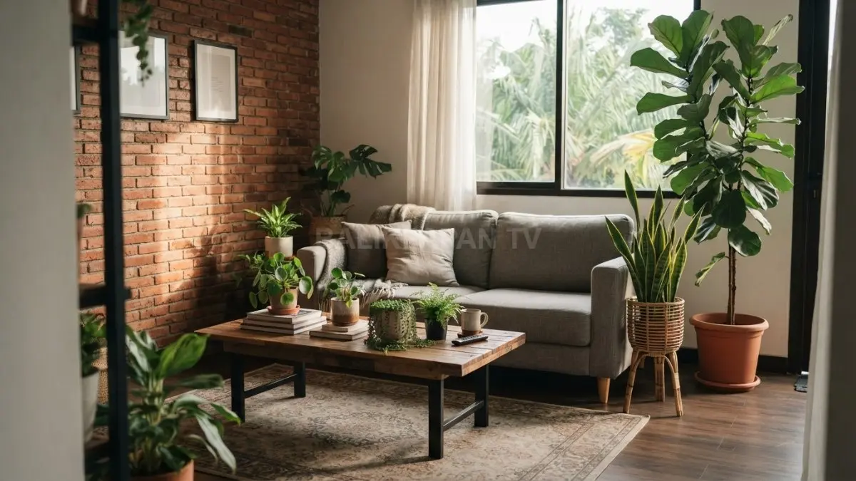 Tanaman hijau mempercantik ruang boho industrial, berpadu material alami dan furnitur berkarakter hangat. (BTV/AI)