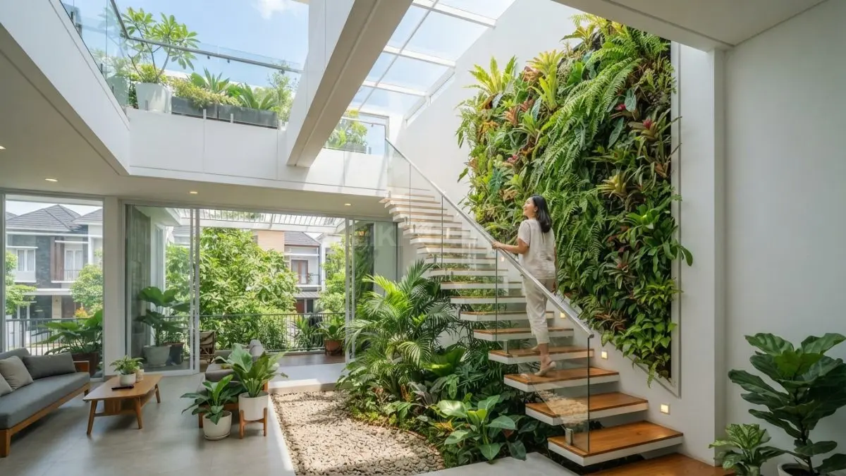 Tangga futuristik berpadu taman vertikal, menghubungkan ruang hijau dari lantai bawah hingga rooftop rumah. (BTV/AI)