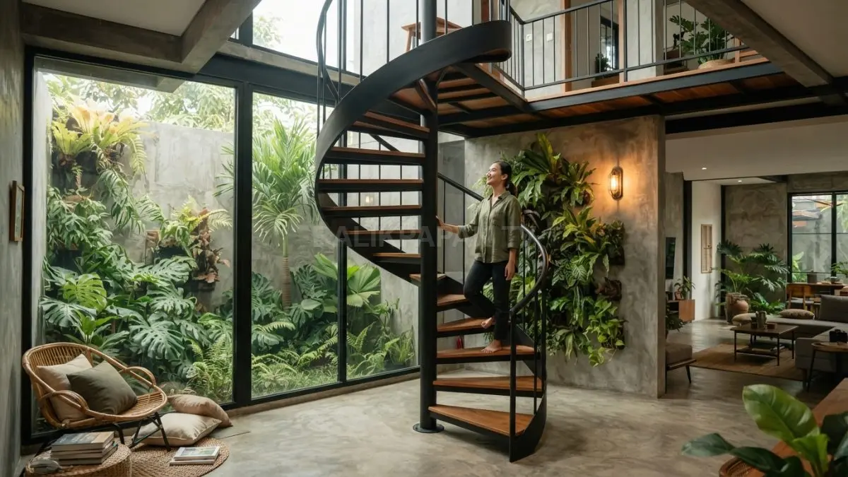 Tangga spiral besi dan kayu menjadi solusi hemat ruang, sekaligus memperkuat karakter industrial-tropis rumah modern (BTV/AI)