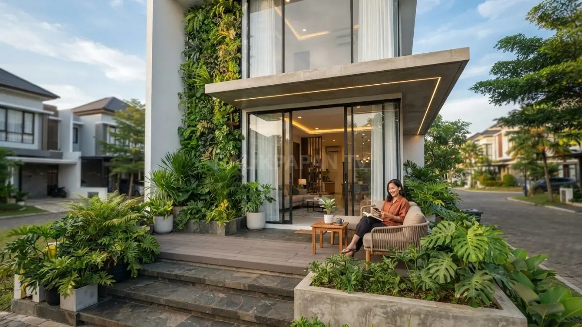 Teras bertingkat menyatukan ruang indoor dan outdoor dengan taman, material alami, serta pencahayaan modern. (BTV/AI)
