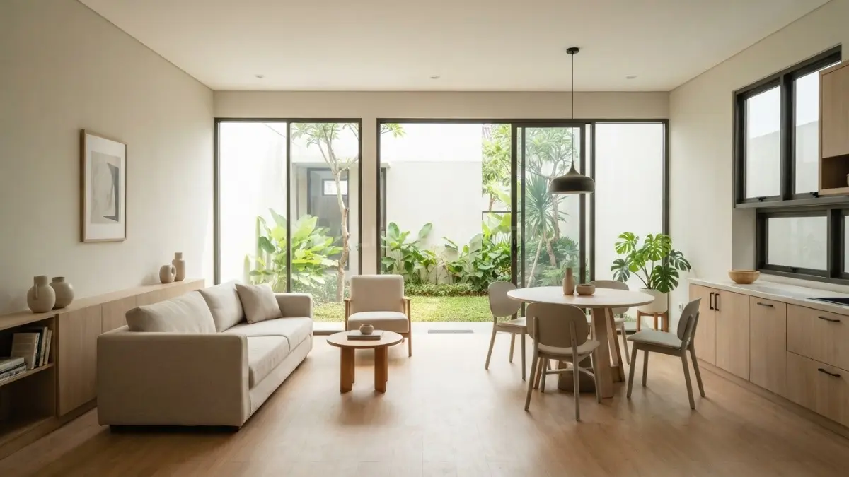 Warna terang seperti krem dan beige muda membantu memantulkan cahaya, menciptakan ruang kecil terasa lapang dan menyatu. (BTV/AI)