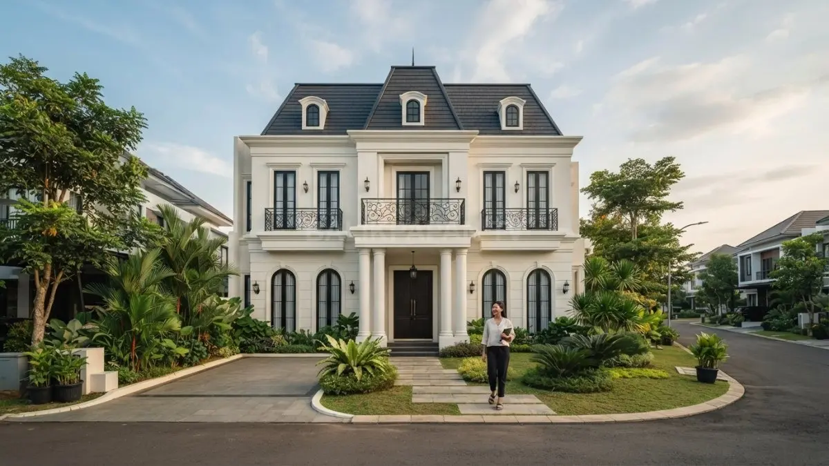 Atap mansard gelap memperkuat karakter French Neoclassical dengan fasad putih dan proporsi arsitektur yang elegan (BTV/AI)