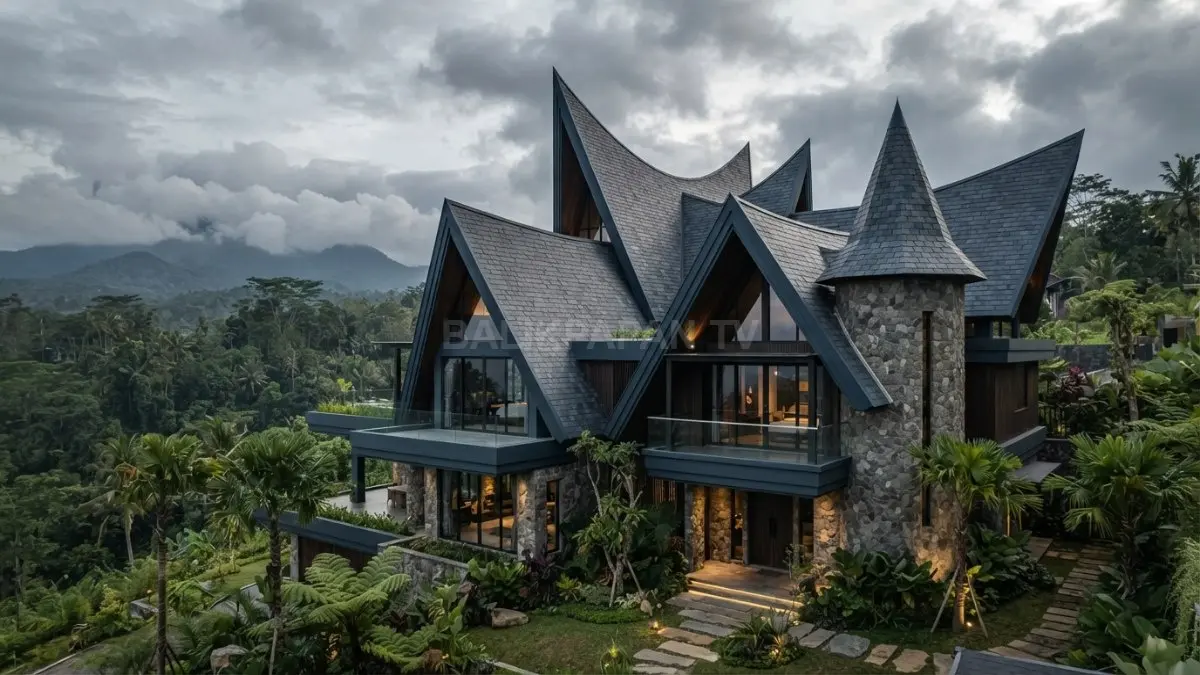 Atap runcing bertingkat menciptakan siluet dramatis yang memperkuat karakter rumah bergaya kastil modern (BTV/AI)

