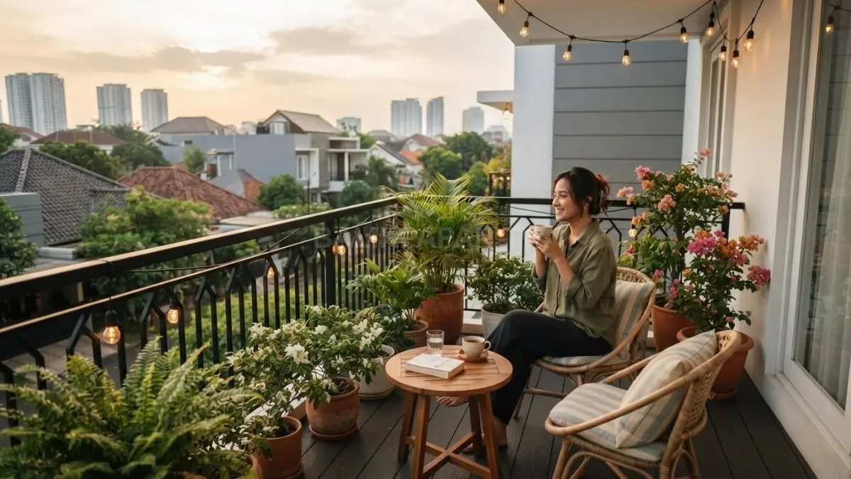 Balkon kecil dengan pagar lengkung, tanaman pot, kursi nyaman, dan lampu hangat menciptakan nuansa romantis seperti negeri dongeng. (BTV/AI)
