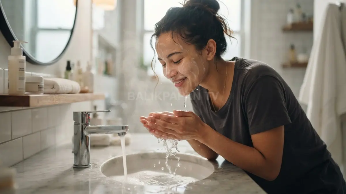 Basahi wajah dengan air suam-suam kuku sebelum membersihkan kulit agar tetap nyaman, lembap, dan terlindungi alami. (BTV/AI)