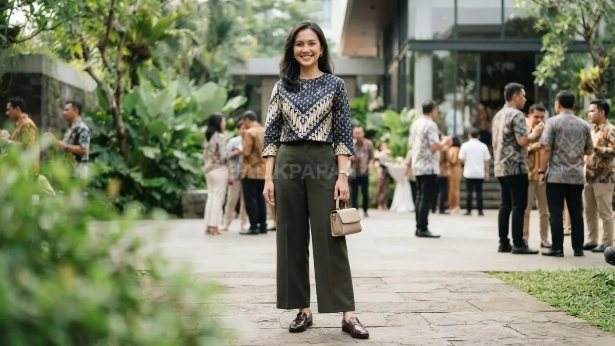 Batik modern bisa tampil stylish untuk kondangan melalui potongan kekinian, perpaduan warna, aksesori sederhana, serta bawahan polos (BTV/AI)
