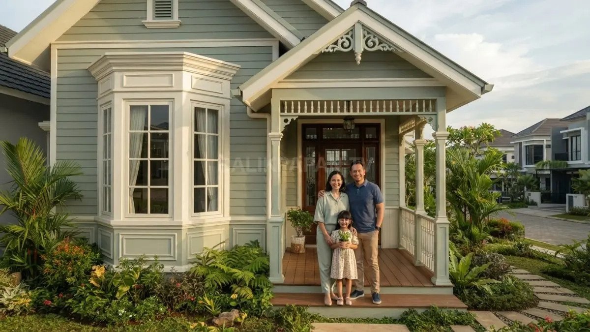 Bay window menjadi titik fokus fasad Modern Victorian dengan detail molding, siding horizontal, dan warna sage green. (BTV/AI)