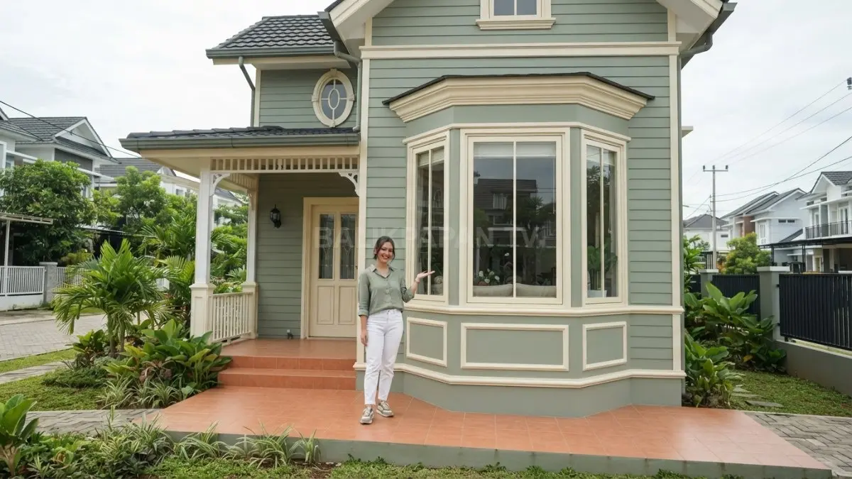 Bay window menjadi titik fokus fasad Modern Victorian dengan perpaduan sage green, krem, dan molding elegan. (BTV/AI)