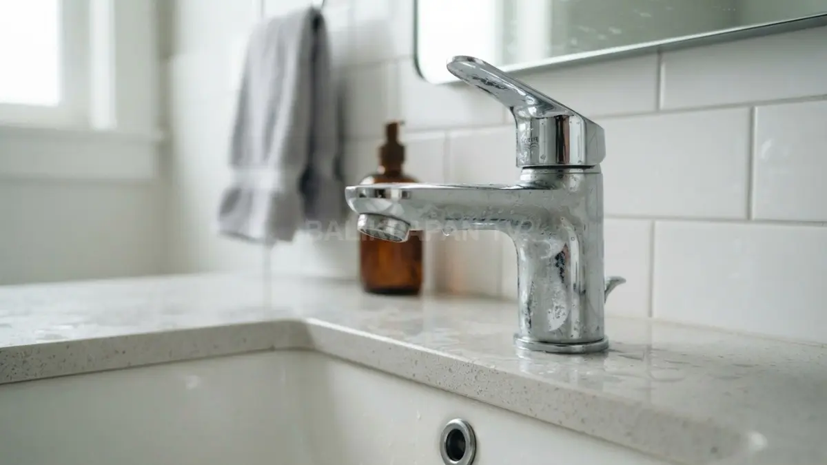 Bercak air dan kerak mineral tipis yang menempel pada keran kamar mandi chrome modern. (BTV/Ai)
