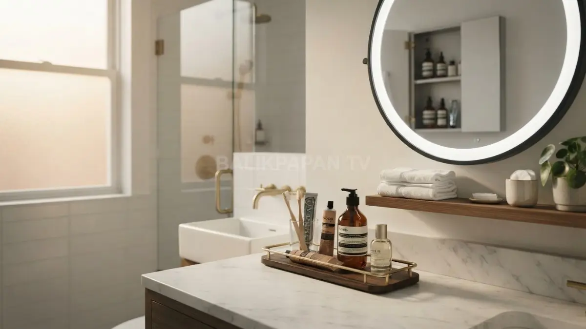 Countertop rapi dengan penyimpanan tersembunyi membuat kamar mandi kecil tampak lebih luas, elegan, dan berkelas. (BTV/AI)

