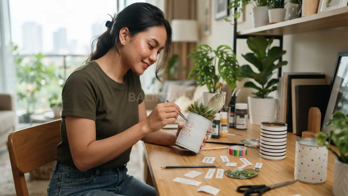Detail dekorasi sederhana membuat pot kaleng lebih personal, menarik, dan tetap menyatu dengan gaya ruangan. (BTV/AI)
