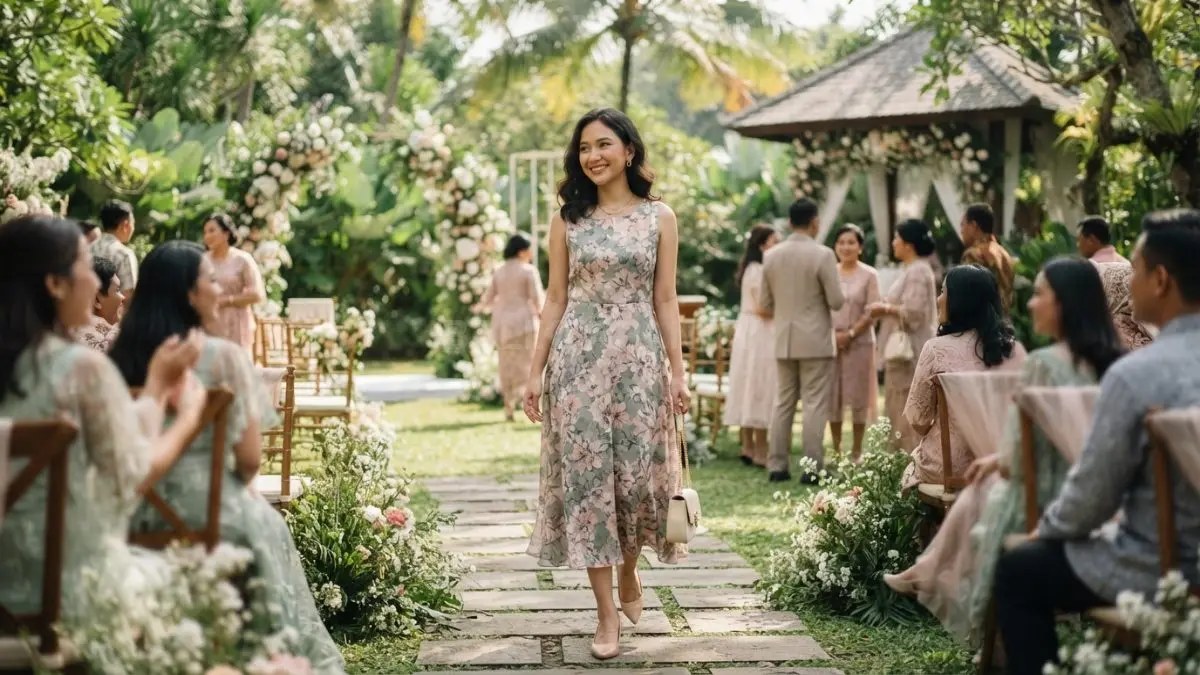 Dress floral memberi kesan feminin dan segar untuk kondangan outdoor, dengan pilihan warna lembut serta aksesori sederhana (BTV/AI)
