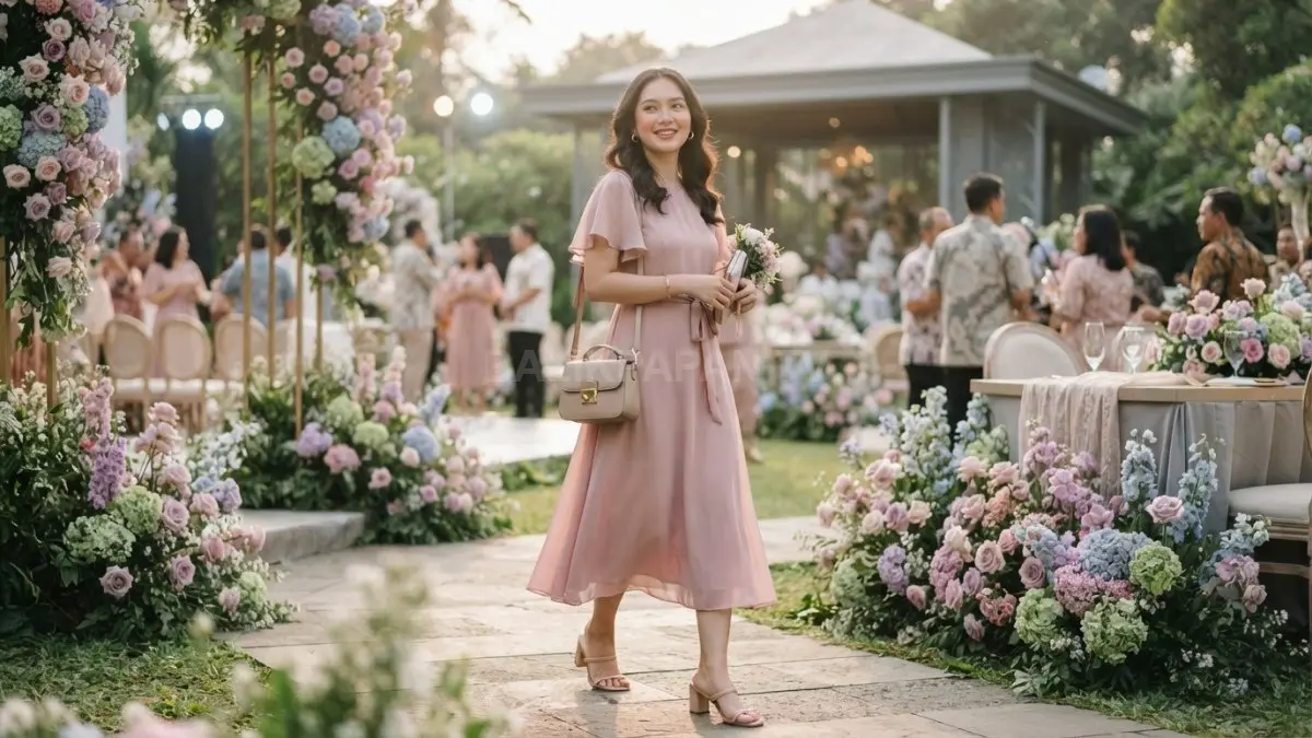 Dress pastel memberi kesan feminin, fresh, elegan, dan tetap aman untuk menghadiri acara pernikahan. (BTV/AI)
