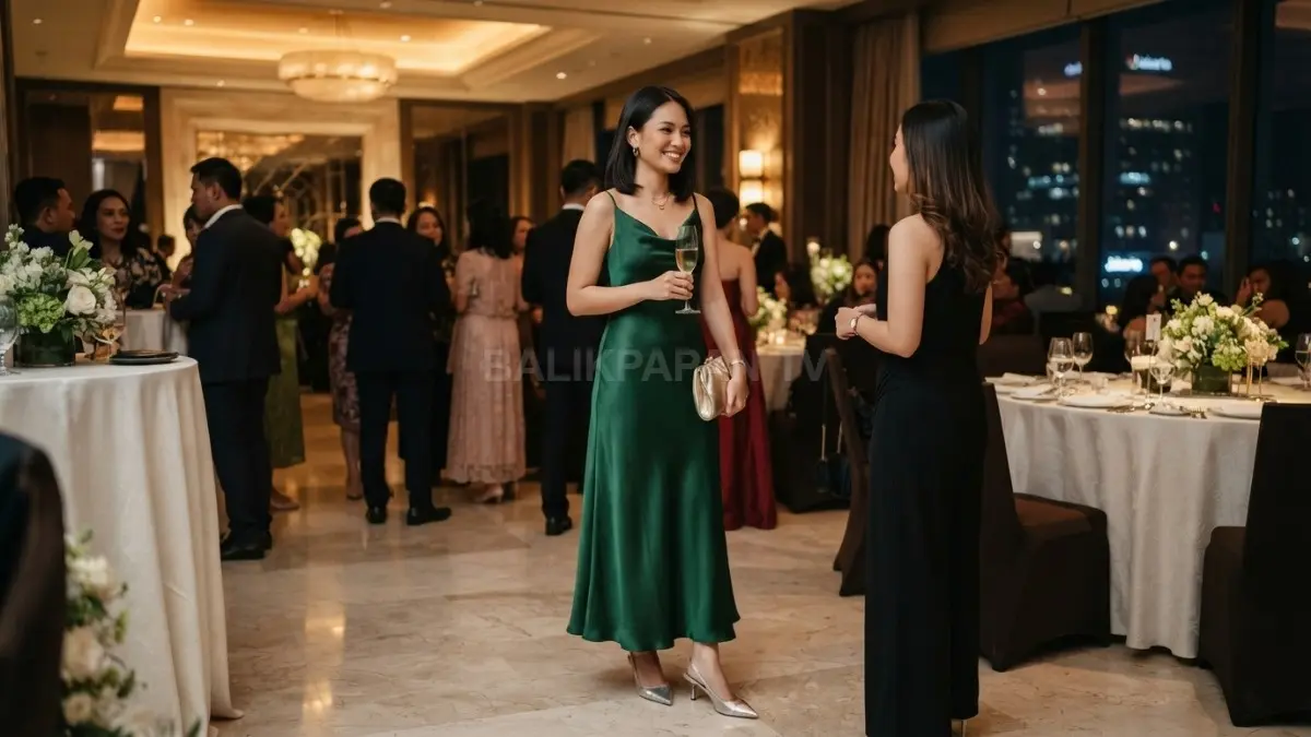 Dress satin minimalis dengan warna elegan, aksesori sederhana, dan sepatu nyaman menciptakan tampilan kondangan berkelas tanpa berlebihan. (BTV/AI)
