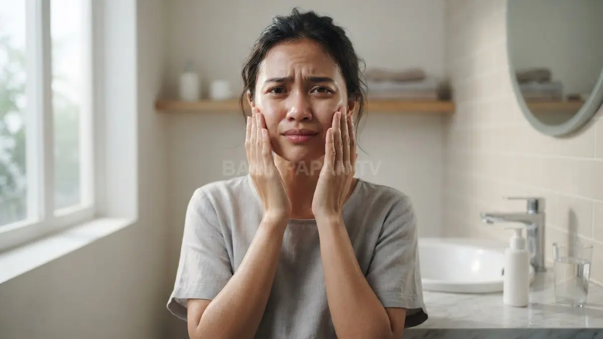 Ekspresi ketidaknyamanan kulit wajah yang terasa kering dan tertarik usai dibersihkan dengan sabun pembersih. (BTV/Ai)