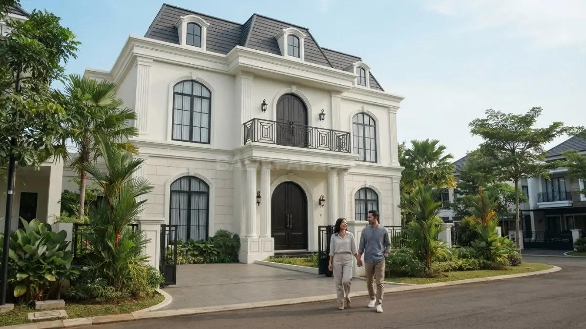 Fasad French Neoclassical dengan balkon besi tempa hitam memperkuat kesan klasik modern yang elegan dan simetris. (BTV/AI)