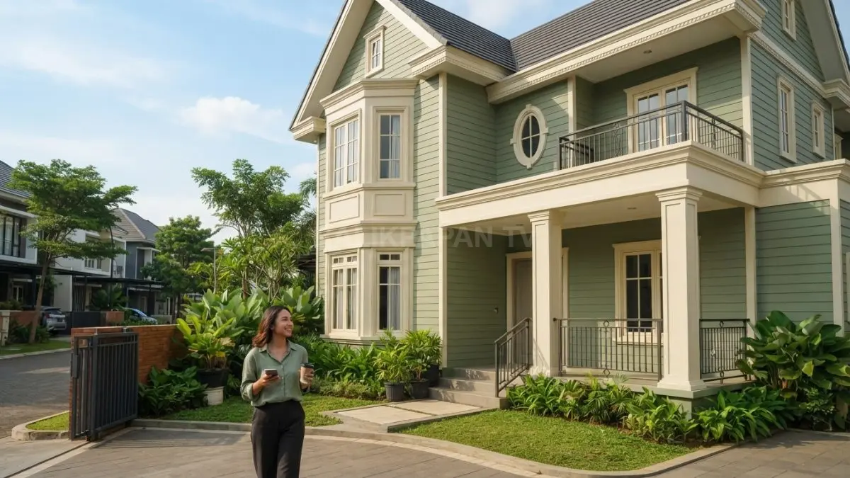 Fasad Modern Victorian memadukan bay window, teras berpilar, siding sage green, dan molding krem elegan (BTV/AI)