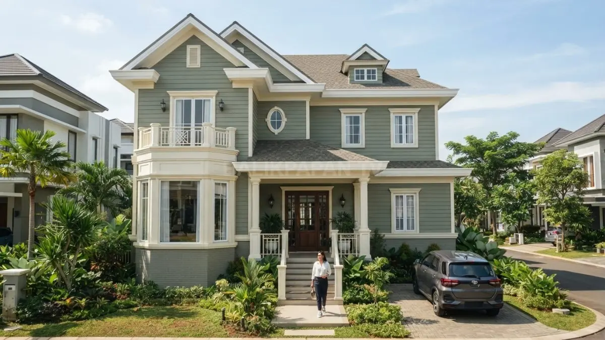 Fasad Modern Victorian sage green dan krem menampilkan horizontal siding, molding, serta detail klasik yang elegan (BTV/AI)