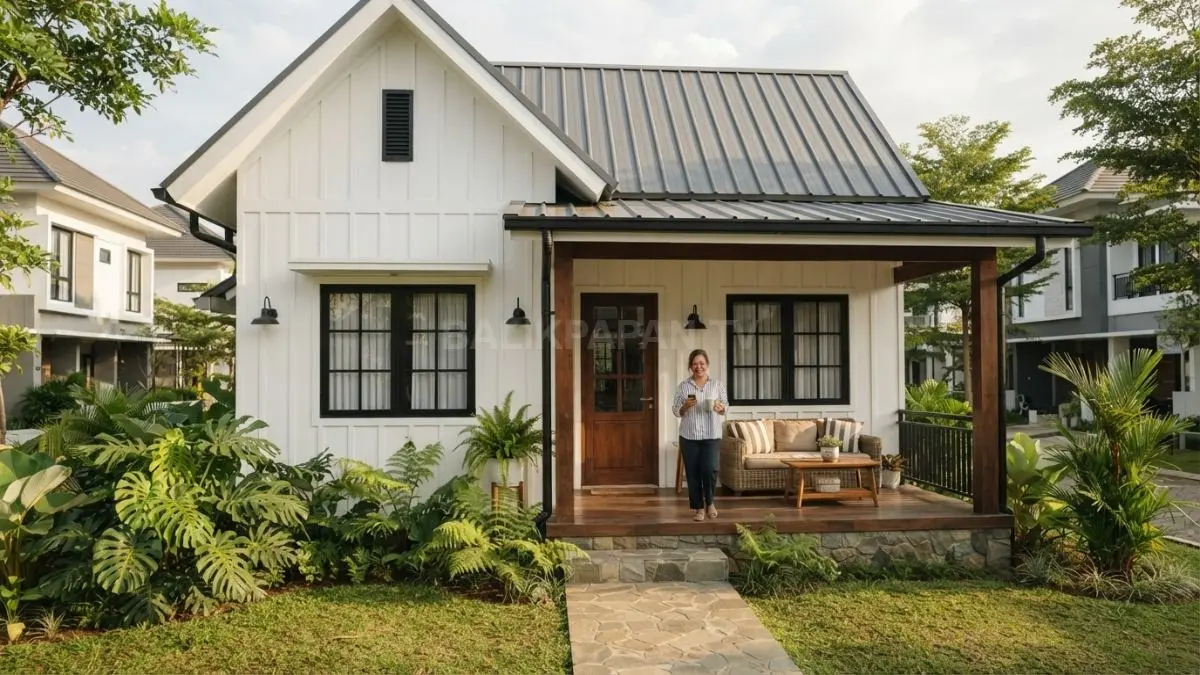 Fasad putih, atap pelana abu-abu, teras luas, dan jendela grid menghadirkan karakter Modern Farmhouse Cottage hangat. (BTV/AI)