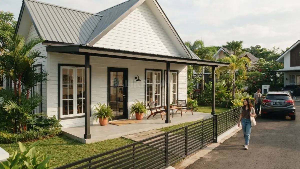 Fasad putih Modern Farmhouse Cottage berpadu atap pelana abu-abu, teras luas, jendela grid, dan pintu hitam. (BTV/AI)