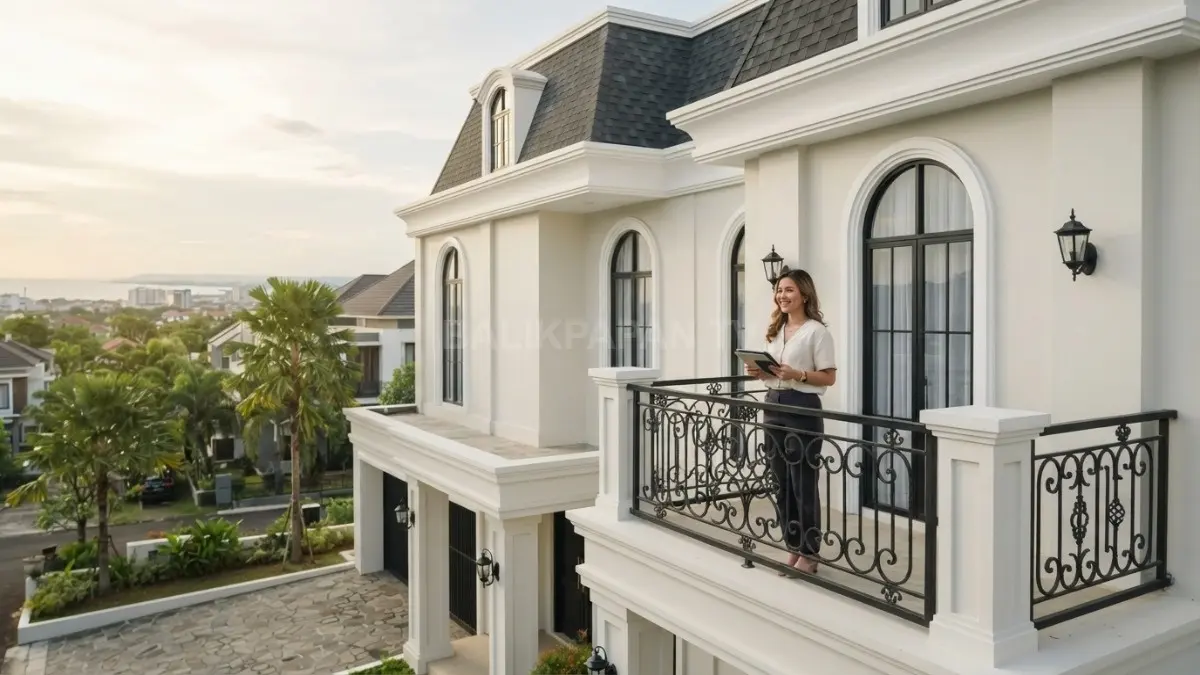 Fasad rumah French Neoclassical menampilkan pilar klasik, jendela lengkung, atap mansard, dan aksen hitam elegan. (BTV/AI)