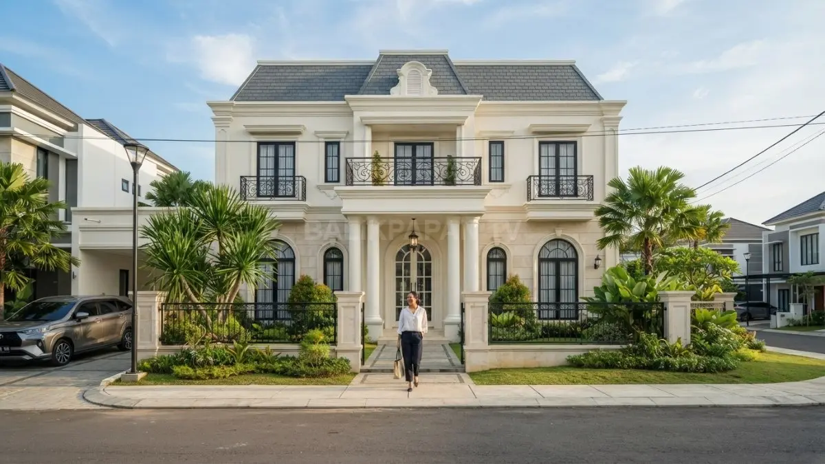 Fasad rumah French Neoclassical simetris dengan pilar klasik, jendela lengkung, balkon besi hitam, dan atap mansard elegan. (BTV/AI)