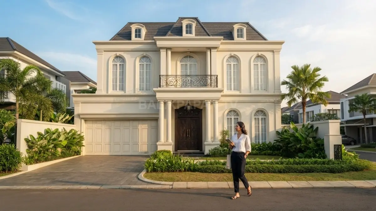 Fasad rumah French Neoclassical tampil simetris dengan pilar klasik, jendela seimbang, dan pintu utama elegan (BTV/AI)