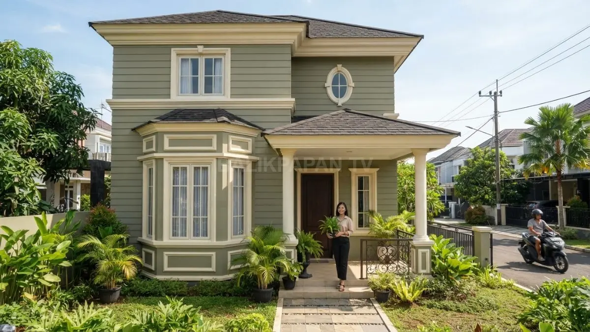Fasad rumah Modern Victorian dengan molding elegan, bay window, dan warna sage green yang anggun. (BTV/AI)