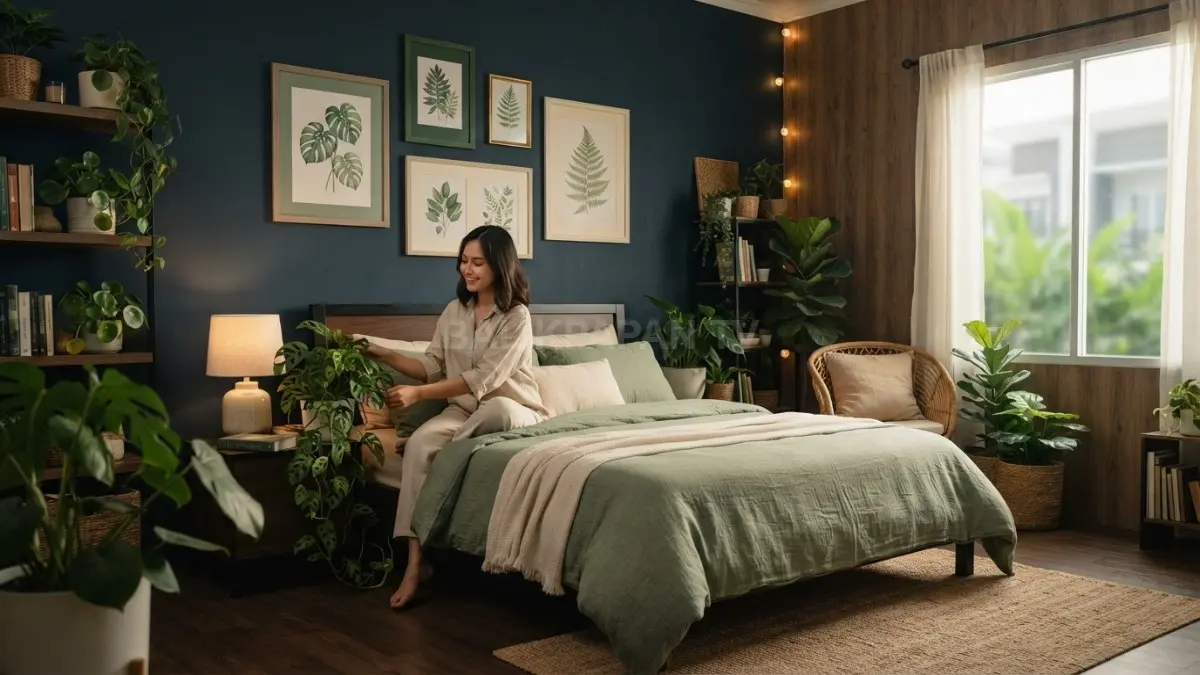Galeri botanical menghiasi dinding kamar Midnight Blue Garden dengan bingkai daun, warna alami, dan komposisi harmonis. (BTV/AI)