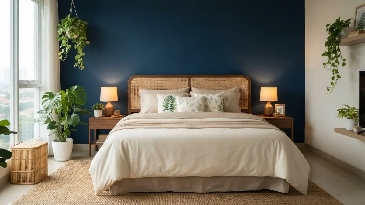Headboard kayu walnut menjadi pusat kamar Midnight Blue Garden, berpadu bantal motif daun dan seprai krem. (BTV/AI)