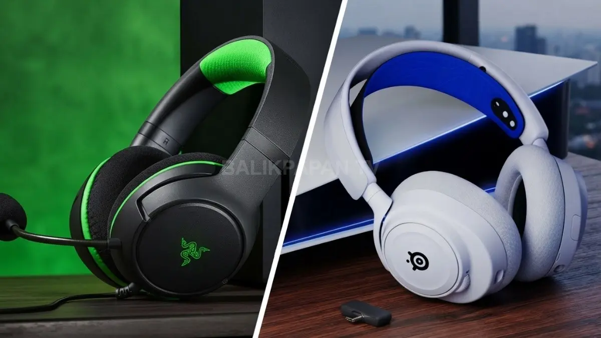 Headphone wireless dan wired berdampingan di meja kerja bersama smartphone dan laptop, membandingkan teknologi audio (BTV/AI).
