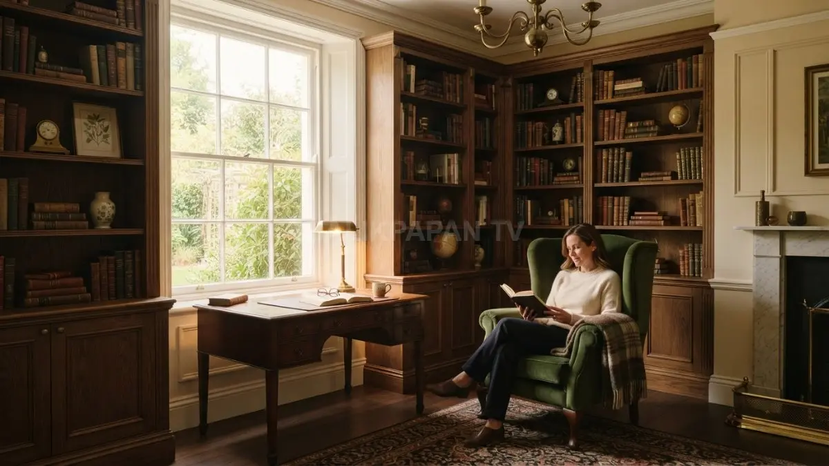Home library klasik memadukan rak kayu, panel dinding, furnitur vintage, dan pencahayaan hangat elegan (BTV/AI)