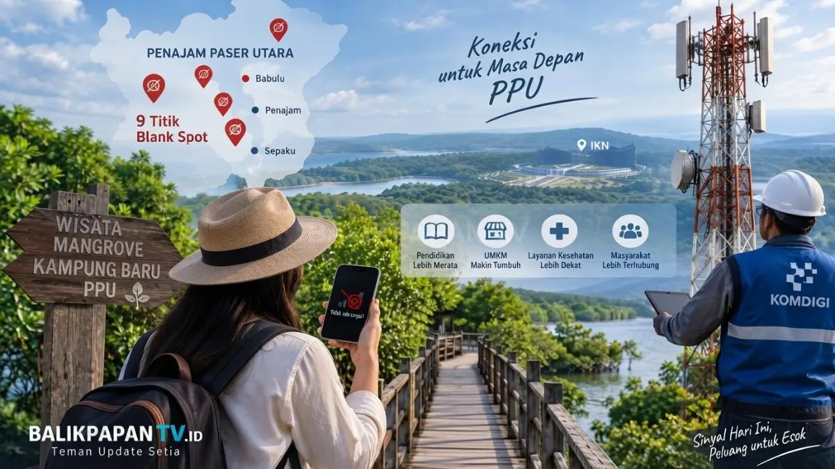 Ilustrasi jaringan telekomunikasi dan BTS di wilayah blank spot Kabupaten Penajam Paser Utara.