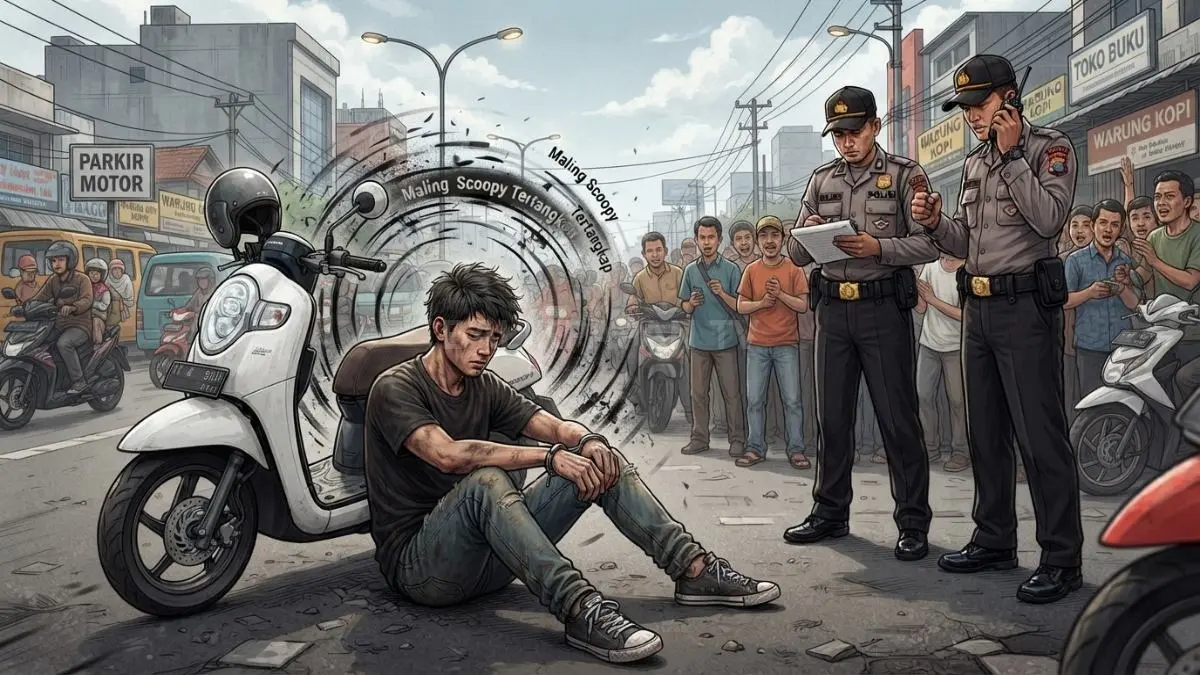 Ilustrasi seorang maling tertangkap polisi setelah membawa kabur sepeda motor dan uang tunai milik korban. (BTV/AI)